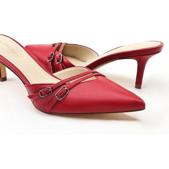 Motimoden Kitten Heels Red Faux Leather Women's Pointed Closed Toe Slip Pumps - Picture 2 of 7
